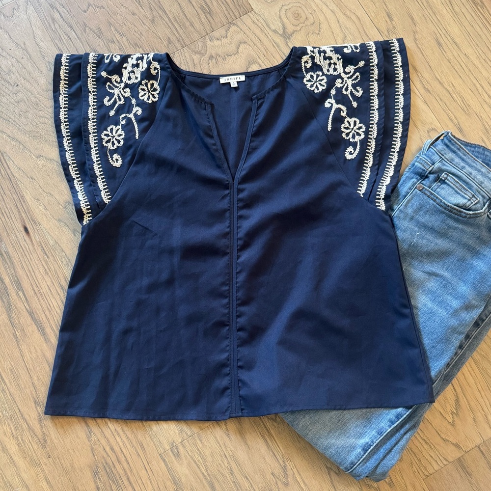 New Jodifl Embroidered Navy Blue Women's Top Small